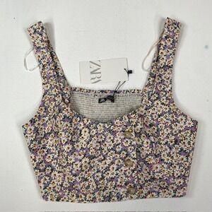 Zara Women's Floral Crop Top Button Front Sleeveless Purple Size L New With Tags